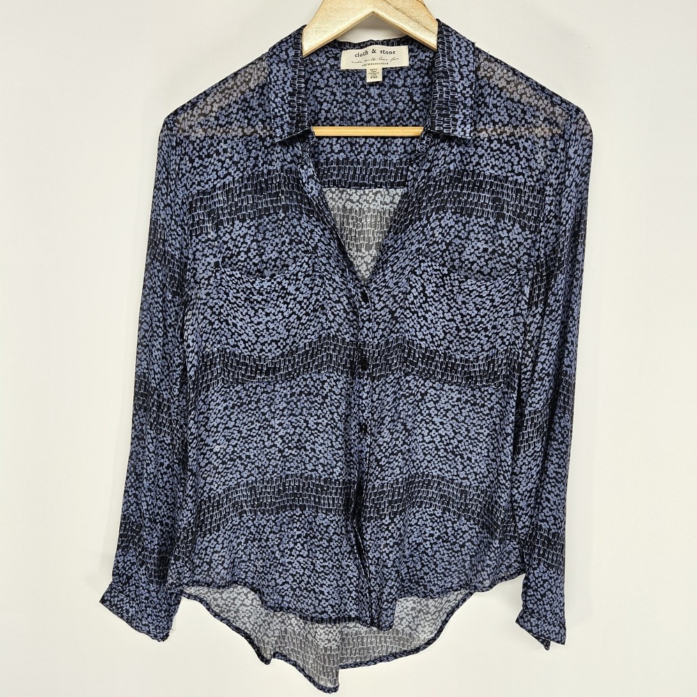 Cloth & Stone Button Down Shirt PXS Blue Abstract Floral High‎ Low Anthropologie